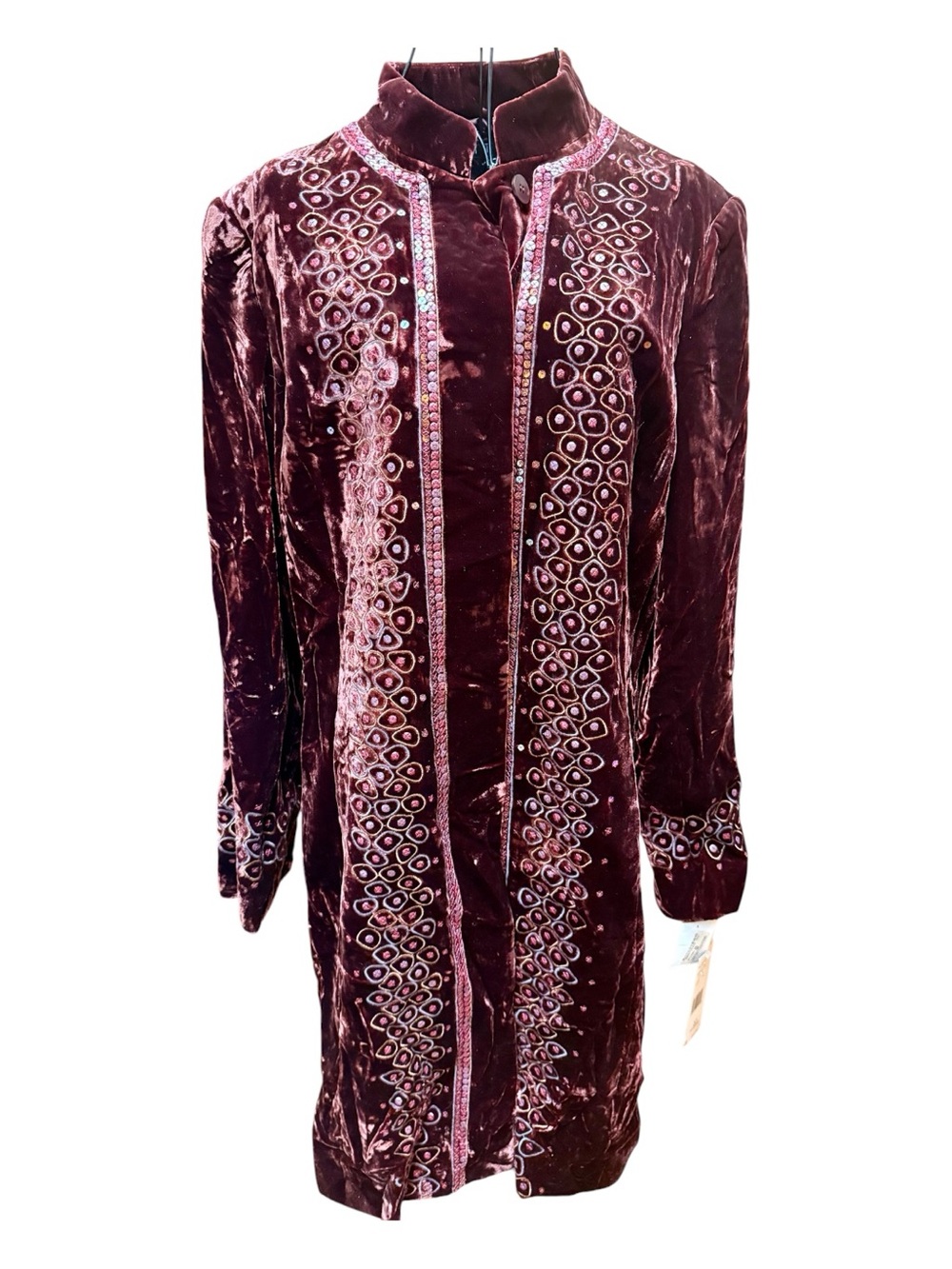 NWT Vintage Lafayette 148 New York Deep Burgundy Velvet Embroidered Long Jacket